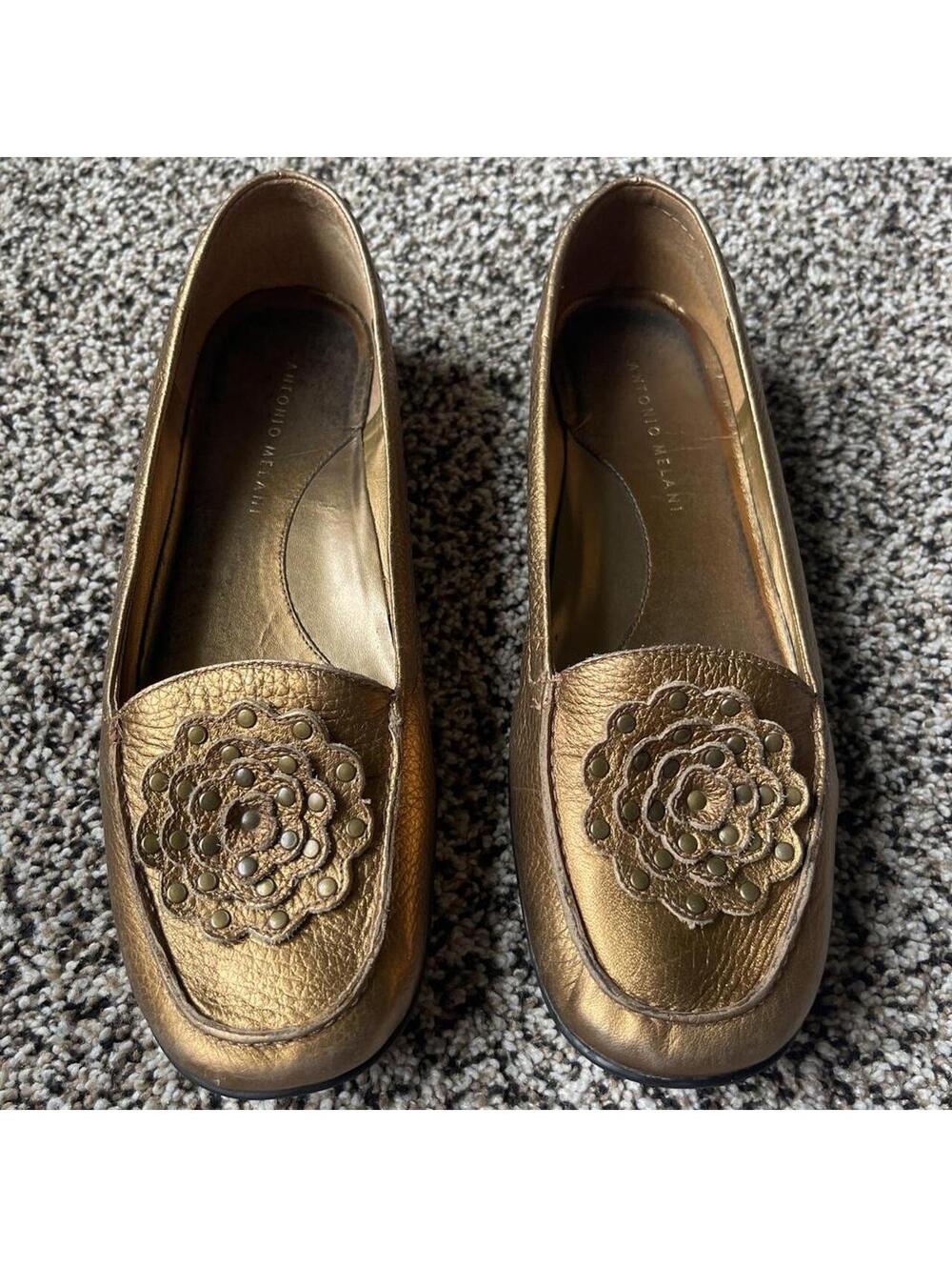 Antonio Melani Women's Bronze Leather Loafers with Floral Ap